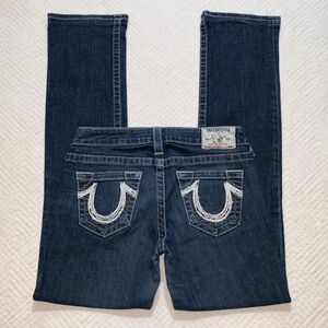 True Religion Straight Leg Jeans, White Stitching & Sequins, Size 27